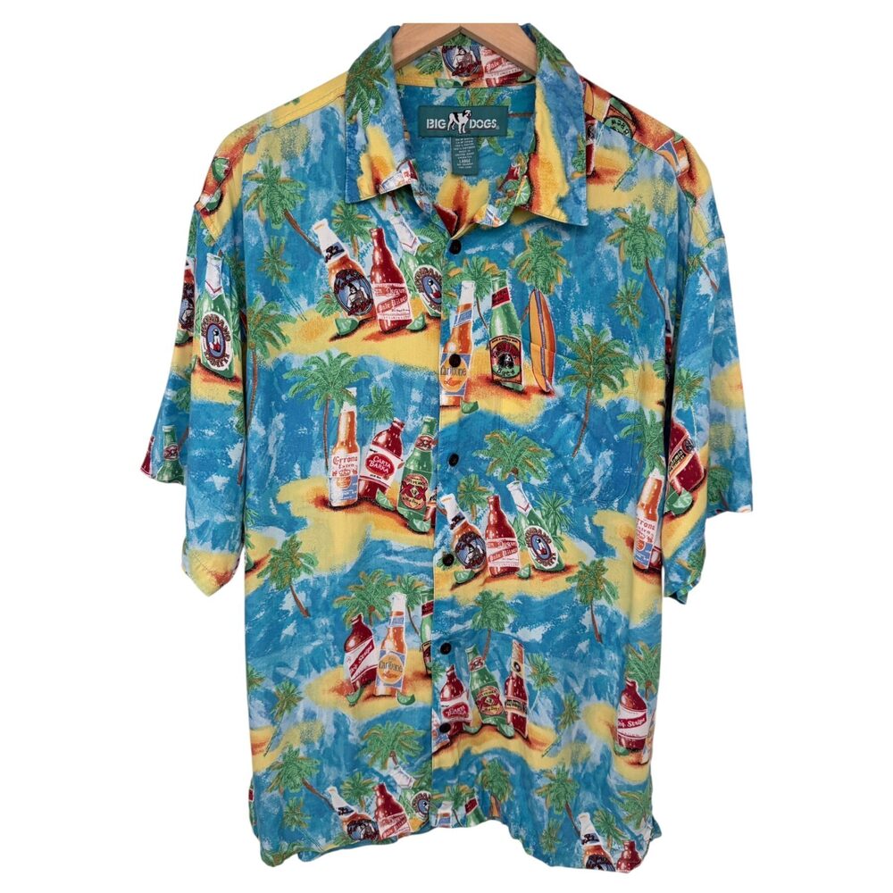 Big Dogs Beer Bottles, Palm Trees, Surfboards Short Sleeve Button-Up Men's LARGE